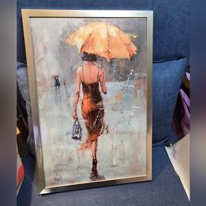 #0153 NEW 'PARISIAN LADY IN RUST DRESS, YELLOW UMBRELLA' Silver Frame 12.75x19